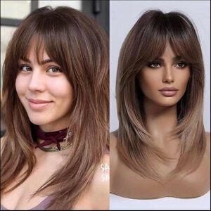 Human hair blend brown ombre layered wave wig